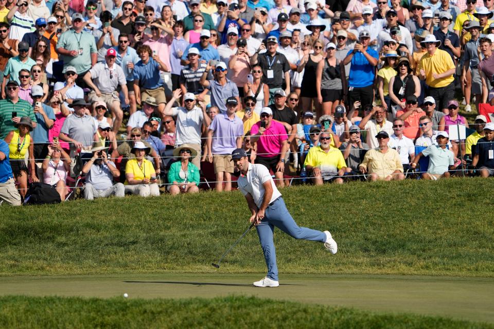 June 4, 2023;  Dublin, Ohio, USA;  Denny McCarthy reacts to a missed putt on 18 that resulted in a playoff during the final round of the Memorial Tournament at Muirfield Village Golf Club. 