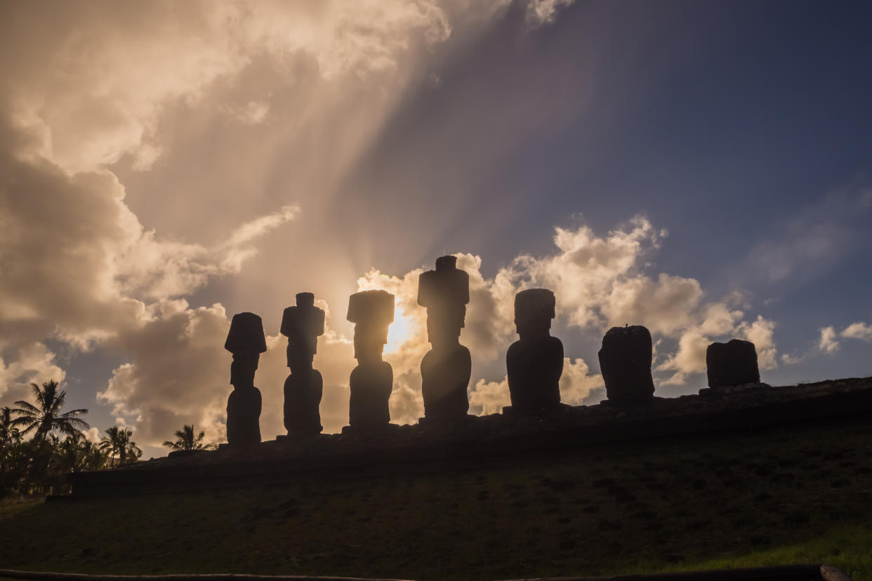 Silhouette of the moais of Ahu Nau Nau in Easter Island. Anakena Beach in Rapanui, Chile (getty)