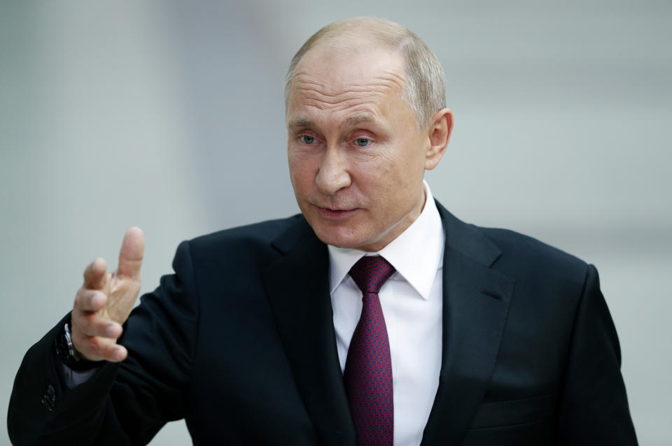 Russian President Vladimir Putin speaks to the media after his annual call-in show in Moscow, Russia, Thursday, June 20, 2019. Putin hosts call-in shows every year, which typically provides a platform for ordinary Russians to appeal to the president on issues ranging from foreign policy to housing and utilities. (AP Photo/Alexander Zemlianichenko)