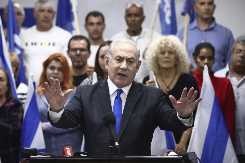 Israeli Prime Minister and head of the Likud party Benjamin Netanyahu delivers a statement in Petah Tikva, Saturday, March 7, 2020. (AP Photo/Oded Balilty)