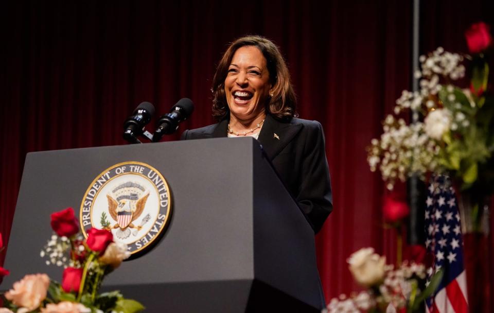 Vice President Kamala Harris speaks during the Delta Sigma Theta Sorority's Social Action Luncheon on Thursday, July 20, 2023, at the Indiana Convention Center in Indianapolis.