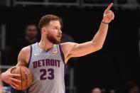 Dec 15, 2018; Detroit, MI, USA; Detroit Pistons forward Blake Griffin (23) celebrates during the fourth quarter against the Boston Celtics at Little Caesars Arena. Mandatory Credit: Tim Fuller-USA TODAY Sports