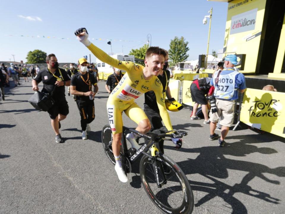 Pogacar celebrates closing in on 2021 Tour de France glory (Getty)