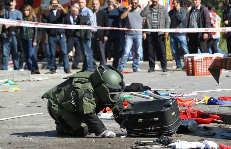 A bomb disposal expert inspects a suitcase at the site of twin explosions near the main train station in Ankara, on October 10, 2015