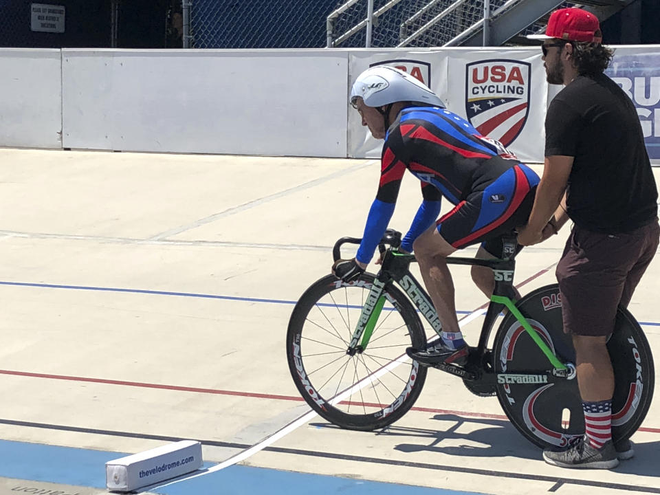 In this photo taken on July 10, 2018, Carl Grove, a 90-year-old record-setting cyclist, races at the USA Cycling Masters Track Nationals in Breinigsville, PA. The U.S. Anti-Doping Agency informed Grove that traces of trenbolone, an anabolic steroid used by U.S. cattle farmers to bulk up livestock, were detected in a urine sample he gave at the U.S. Masters Track National Championships in Trexlertown, PA., last July, where the field’s oldest competitor again added to his collection of titles, setting times faster than men in their eighties, seventies and even sixties. (Kathy Watts via AP)