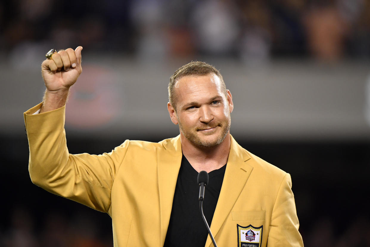 CHICAGO, IL - SEPTEMBER 17:  Brian Urlacher is honored with a Ring of Excellence ceremony for his recent induction into the Hall of Fame at Soldier Field on September 17, 2018 in Chicago, Illinois.  (Photo by Quinn Harris/Getty Images)