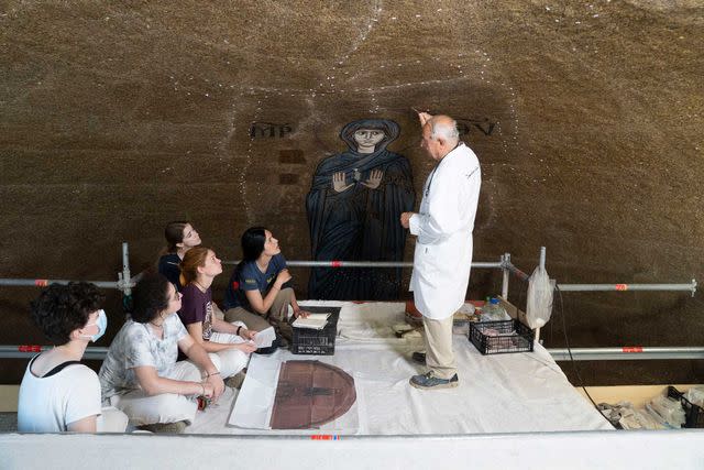 <p>Matteo De Fina/Courtesy of Save Venice</p> Students from the Istituto Veneto per i Beni Culturali restoration school assisting Giovanni Cucco during the conservation of 12th-century mosaics at the Church of Santa Maria and San Donato on Murano.