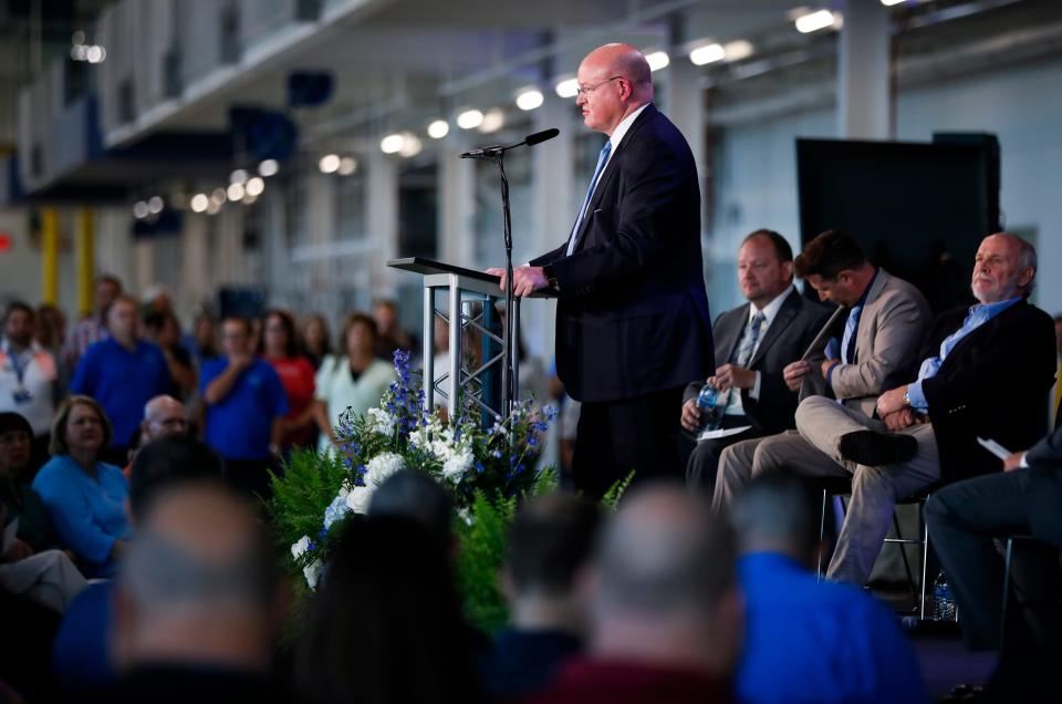 OTC Chancellor Hal Higdon speaks during a grand opening ceremony and ribbon cutting for OTC's new Robert W. Plaster Center for Advanced Manufacturing on Monday, Aug. 15, 2022.