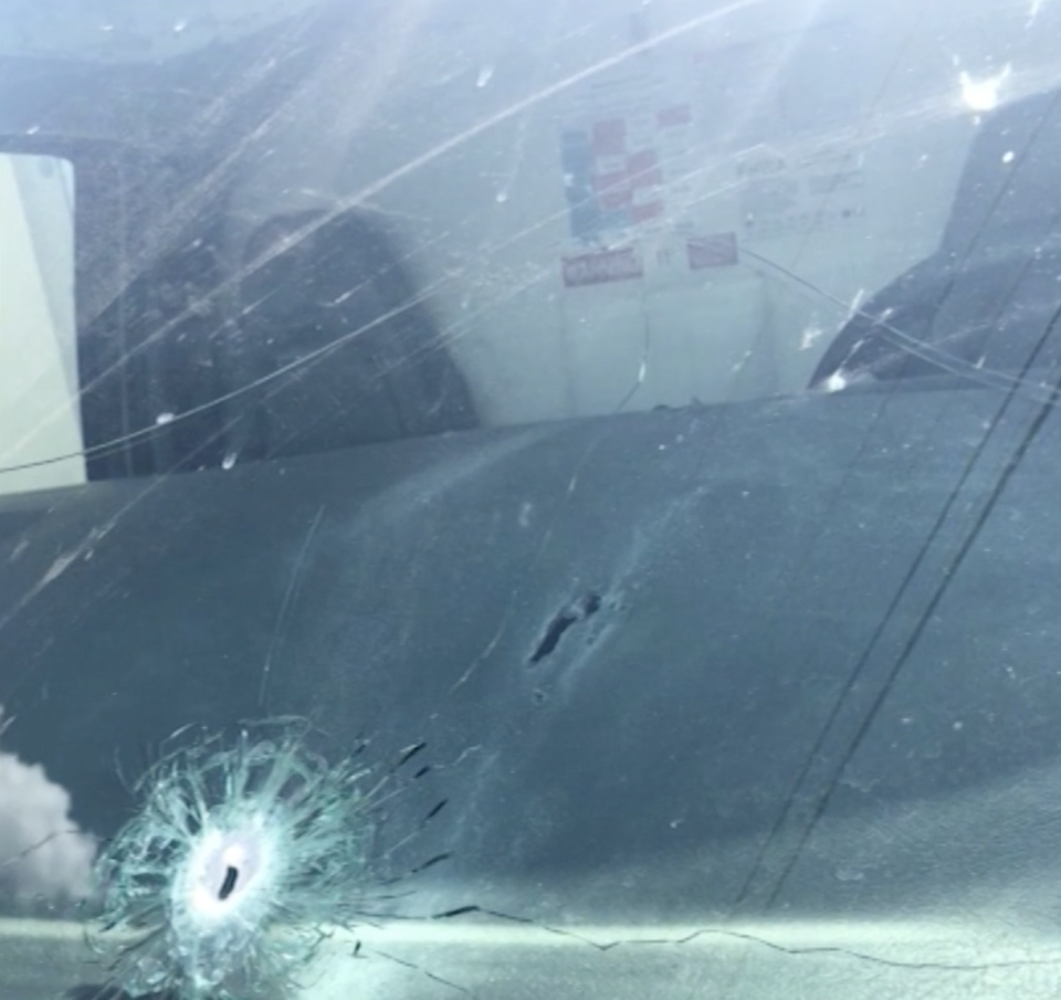 This picture shows a bullet hole in the windscreen of a car in Odessa, Texas. 