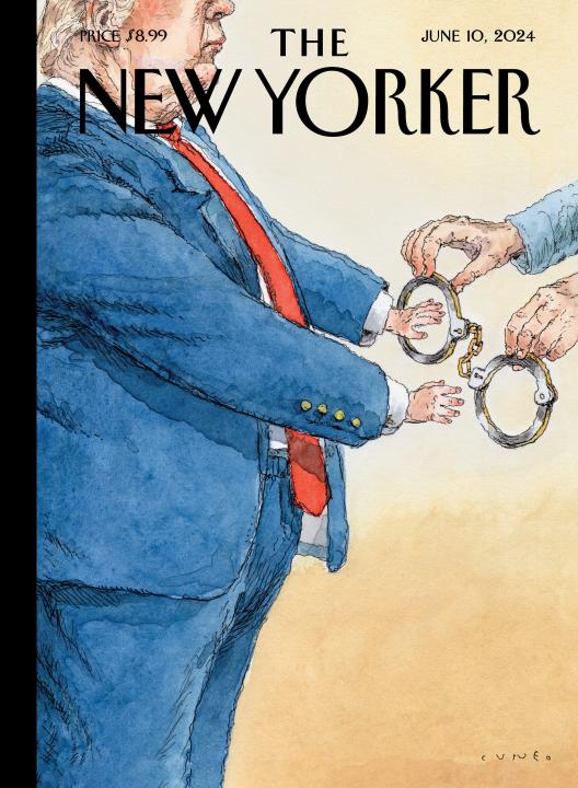 The front page of the New Yorker, with an illustration showing Trump being handcuffed.