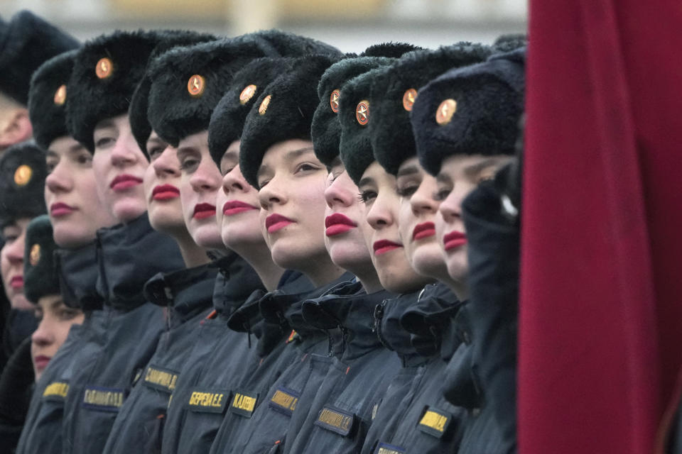 Russia's Emergency Situations Ministry servicewomen attend a rehearsal for the upcoming Victory Day military parade, in St. Petersburg, Russia, April 25, 2024. (AP Photo/Dmitri Lovetsky)