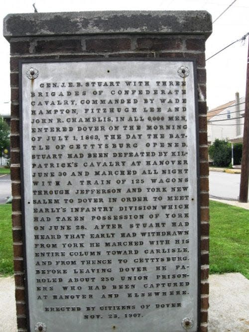 This plaque in Dover explains the invasion of Jeb Stuart’s Confederate cavalry in the days before the Battle of Gettysburg. It could originally be seen on Dover’s town square but is now mounted in front of Dover’s fire hall.