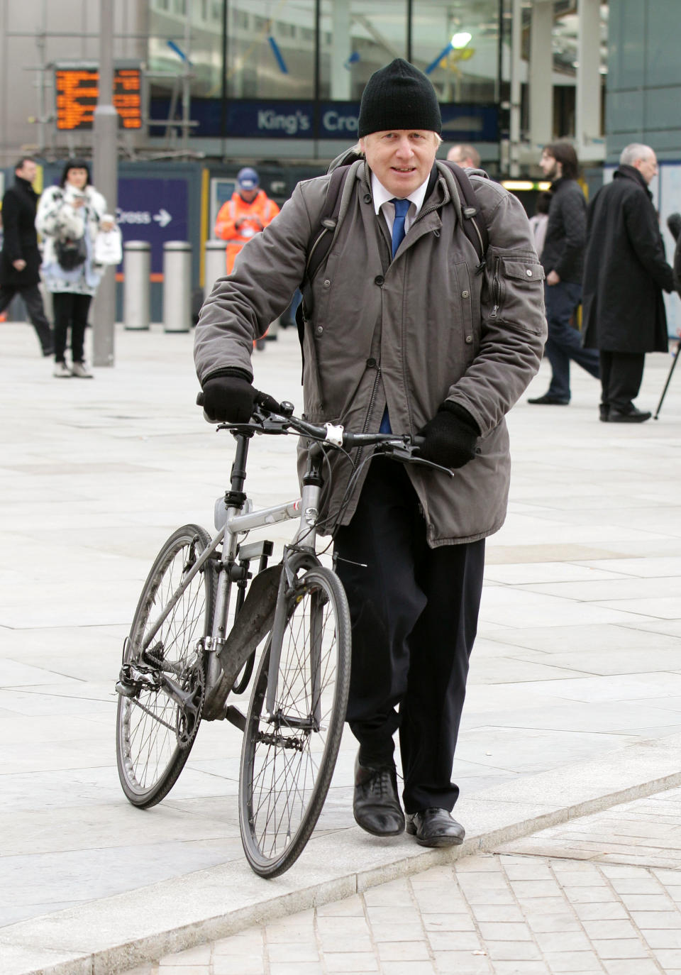 Boris Johnson leaving King's Cross station on his bike after attending the Get Ahead of the Games � Plan Your Travel in 2012 Event, an initiative to explain to commuters and the travelling public across London and the UK how transport networks will operate during Games-time and how they should plan their travel. 