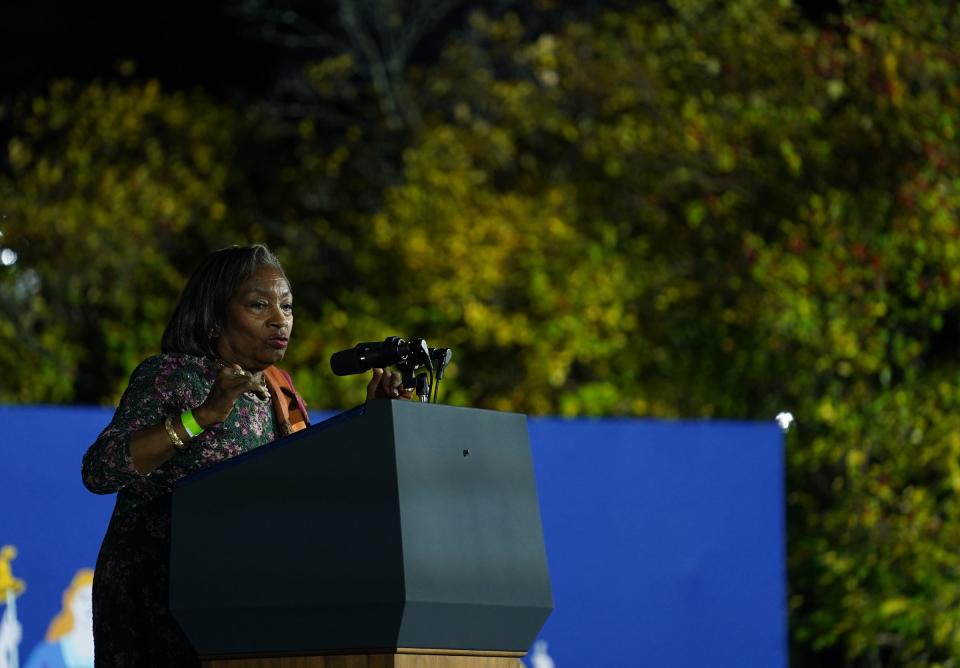 State Senator Andrea Stewart-Cousins addresses the crowds prior to President Joe Biden speaking at a political event on the campus of Sarah Lawrence College in Yonkers on Sunday, November 6, 2022.