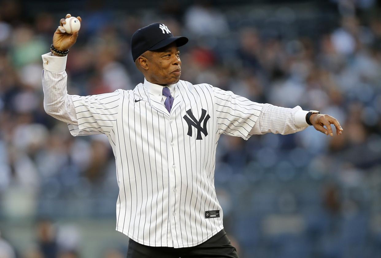 New York City Mayor Eric Adams throws the ceremonial first pitch before a game between the New York Yankees and the Toronto Blue Jays at Yankee Stadium on May 10, 2022 in Bronx, New York. 