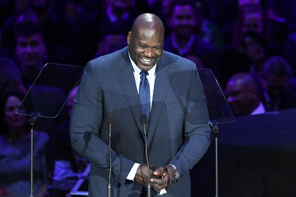 Shaquille O'Neal honored Kobe Bryant in the way only he could at Monday's memorial service. (Kevork Djansezian/Getty Images)