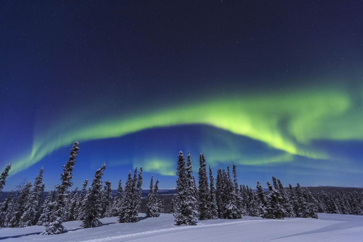 Aurora borealis, Northern Lights above tent lit up with lantern, near Chena Resort, near Fairbanks, Alaska (Stuart Westmorland / Getty Images)