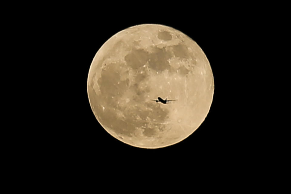 A plane flies in front of the super blue blood moon in north London  Featuring: View Where: London, United Kingdom When: 31 Jan 2018 Credit: WENN.com