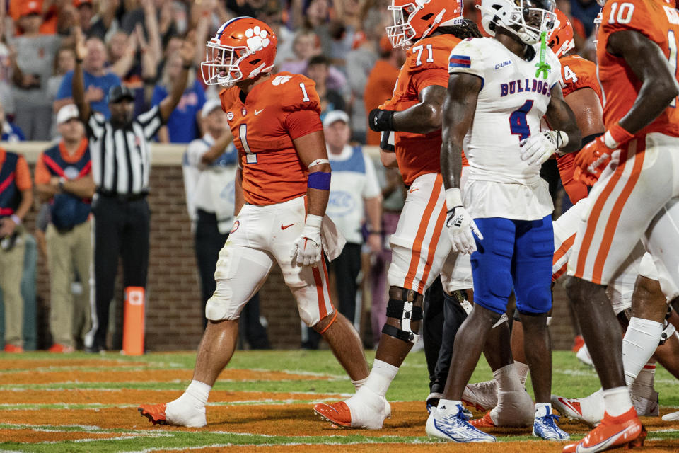Clemson running back Will Shipley (1) celebrates a touchdown in the first half of the team's NCAA college football game against Louisiana Tech on Saturday, Sept. 17, 2022, in Clemson, S.C. (AP Photo/Jacob Kupferman)