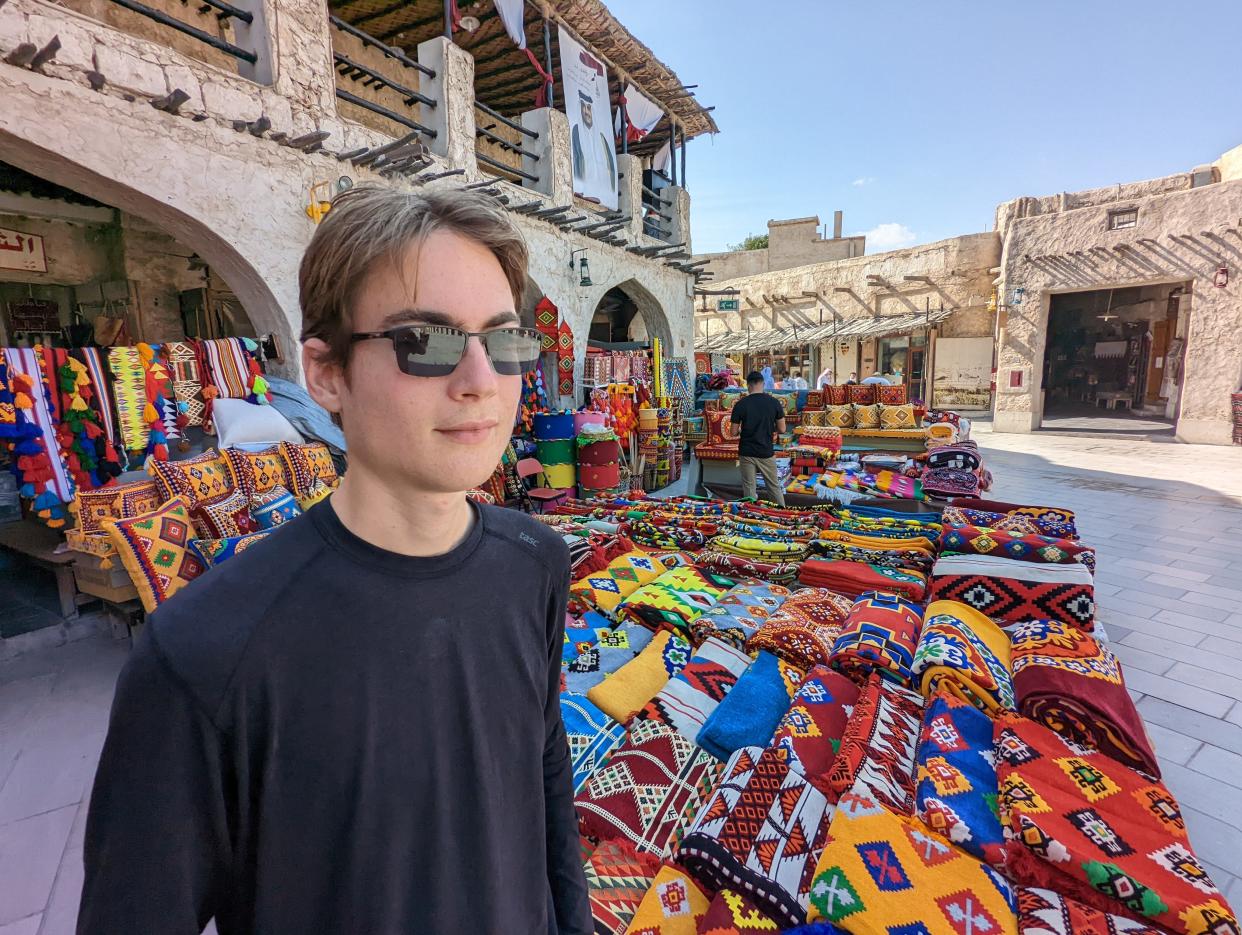 The author's son, Aren Elliott, at the famous Souq Waqif in Doha, Qatar.