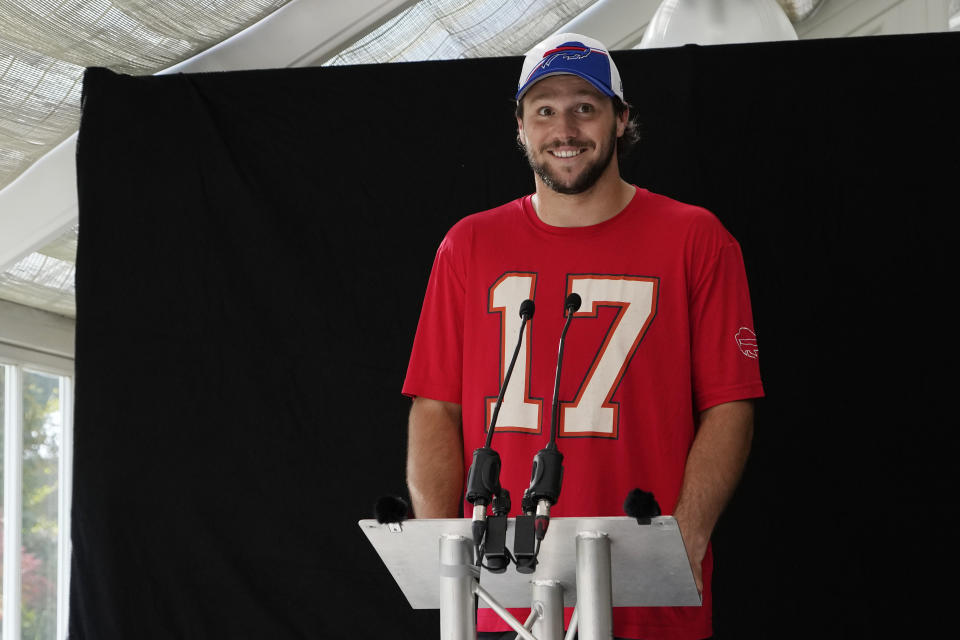 Buffalo Bills quarterback Josh Allen speaks with media after a practice session in Watford, Hertfordshire, England, north-west of London, Friday, Oct. 6, 2023. The Buffalo Bills will take on the Jacksonville Jaguars in a regular season game at Tottenham Hotspur Stadium on Sunday. (AP Photo/Steve Luciano)