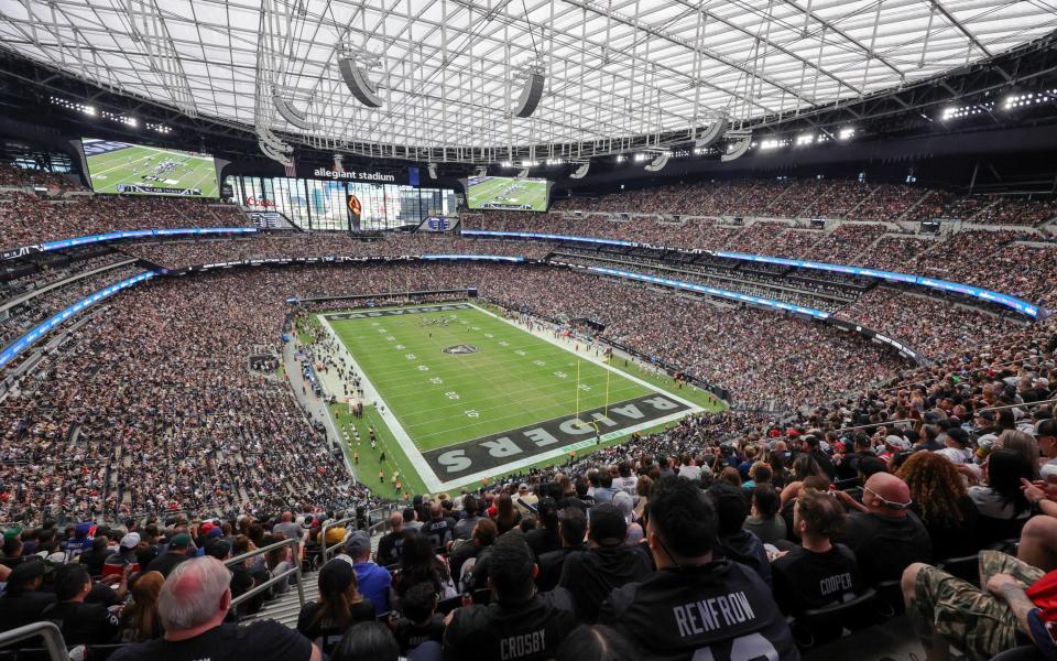 A general view of the field shows the New England Patriots and Las Vegas Raiders during the first quarter of their game at Allegiant Stadium on October 15, 2023 in Las Vegas, Nevada.  Raiders defeated Patriots 21-17