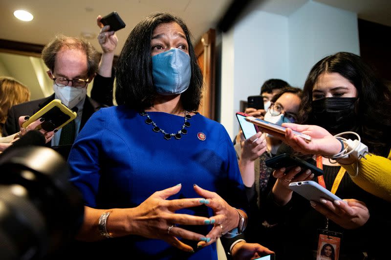 FILE PHOTO: U.S. Representative Pramila Jayapal, Chair of the Congressional Progressive Caucus, speaks to reporters following a progressive caucus meeting on Capitol Hill