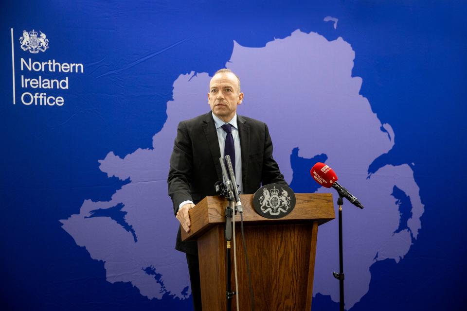 Heaton-Harris at a press conference in Erskine House, Belfast (PA)