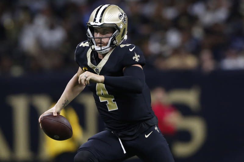 New Orleans Saints quarterback Derek Carr can be started this week in fantasy football leagues. File Photo by AJ Sisco/UPI