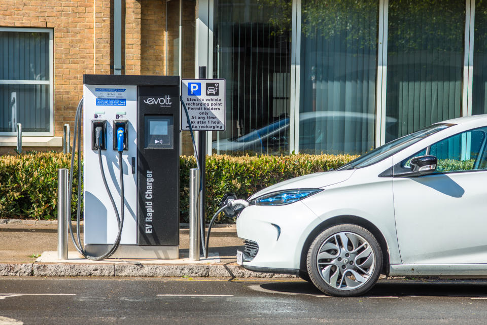 Electric car plugged into Evolt charge point in Cambridge, England, UK. (Photo by: Andrew Michael/Education Images/Universal Images Group via Getty Images)