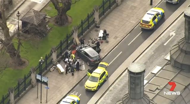 The vehicle crashed into the Parliament fence. Picture: 7 News