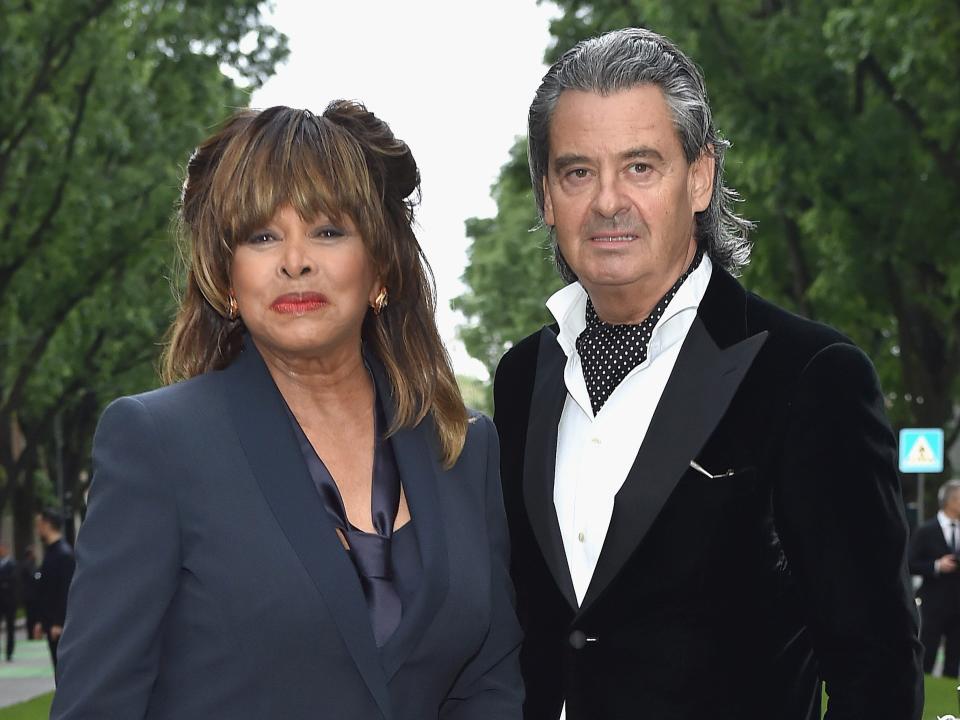 Tina Turner and Erwin Bach attend the Giorgio Armani 40th Anniversary Silos Opening And Cocktail Reception on April 30, 2015 in Milan, Italy