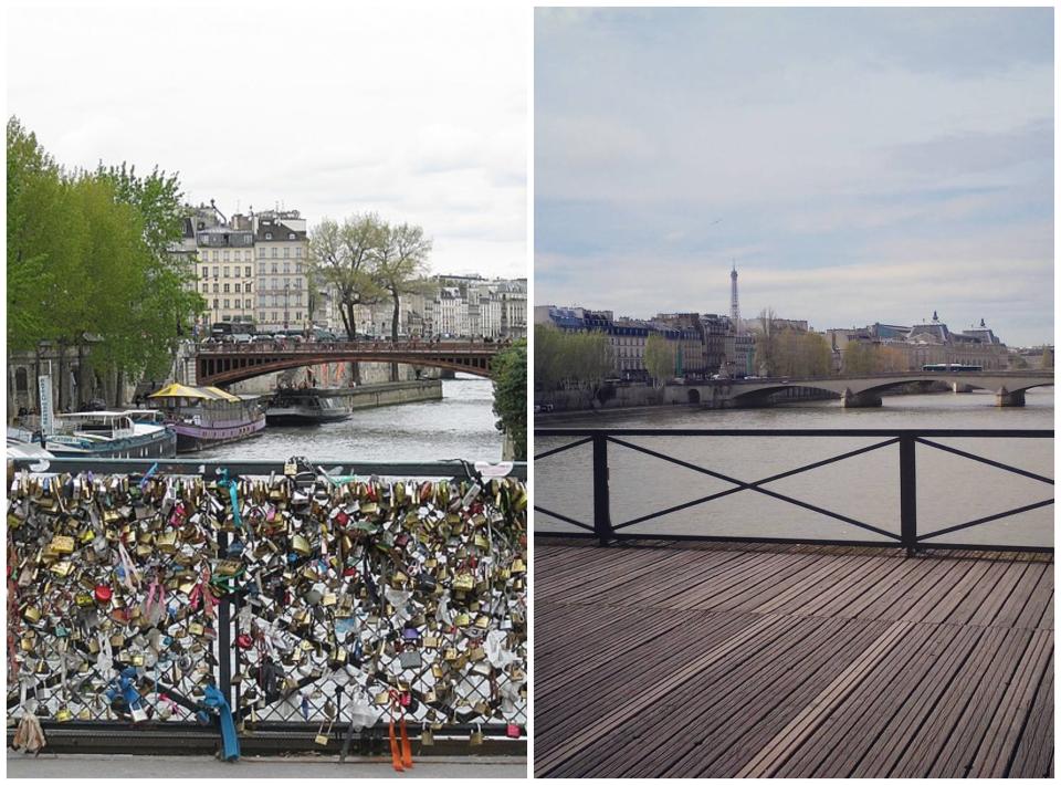 <p>En solo unos años, el Puente de las Artes de París acumuló unos 700.000 candados de enamorados que sellaron su amor en él. Esto suponía un peligro para la estabilidad del puente y el gobierno de la ciudad decidió retirar los candados y colocar paneles de vidrio para que los turistas no pudieran colocar más. (Foto: <a rel="nofollow noopener" href="http://commons.wikimedia.org/wiki/File:Cadenas_parisiens.jpg" target="_blank" data-ylk="slk:Wikimedia Commons;elm:context_link;itc:0;sec:content-canvas" class="link ">Wikimedia Commons</a> / LLIOT Brigitte / <a rel="nofollow noopener" href="http://creativecommons.org/licenses/by-sa/3.0/deed.en" target="_blank" data-ylk="slk:CC BY-SA 3.0;elm:context_link;itc:0;sec:content-canvas" class="link ">CC BY-SA 3.0</a> / Instagram / <a rel="nofollow noopener" href="http://www.instagram.com/p/BVuAwH5g525/" target="_blank" data-ylk="slk:@francofolle;elm:context_link;itc:0;sec:content-canvas" class="link ">@francofolle</a>). </p>