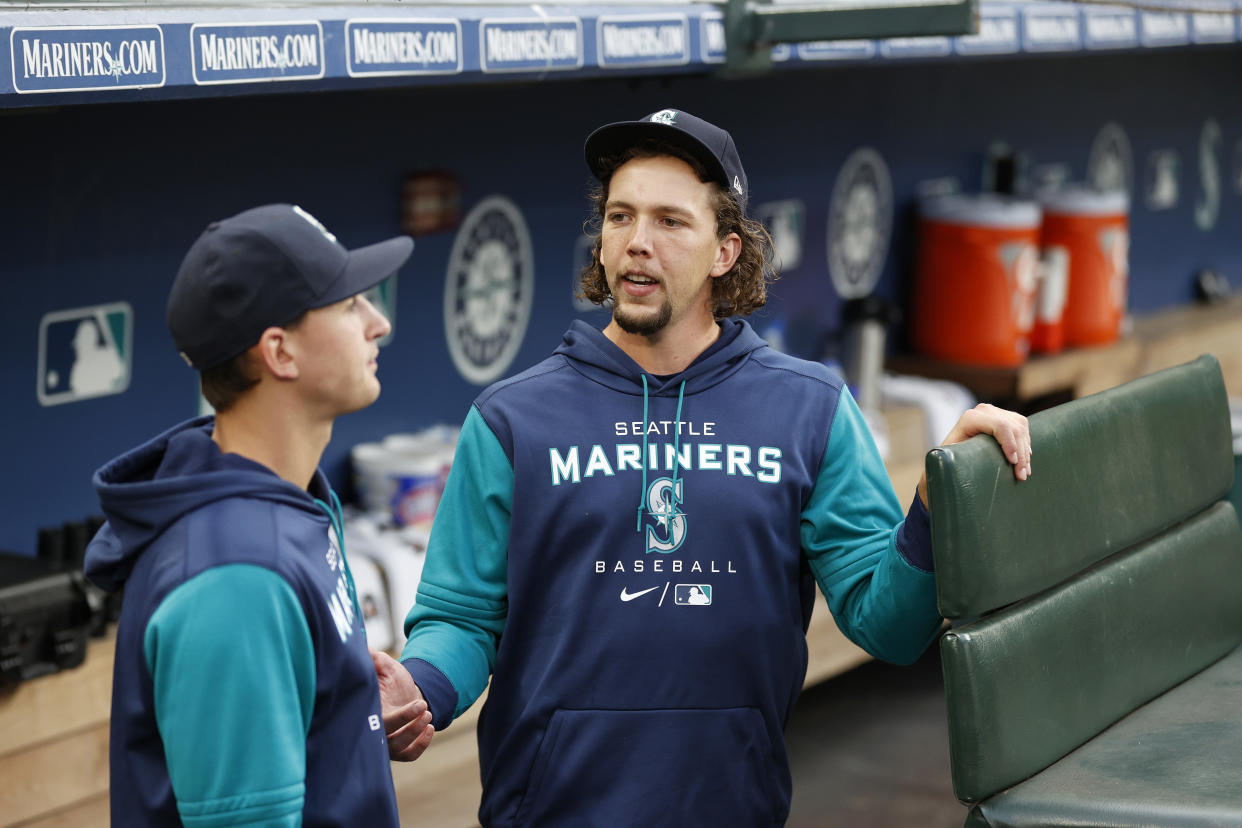 George Kirby #68 and Logan Gilbert #36 of the Seattle Mariners