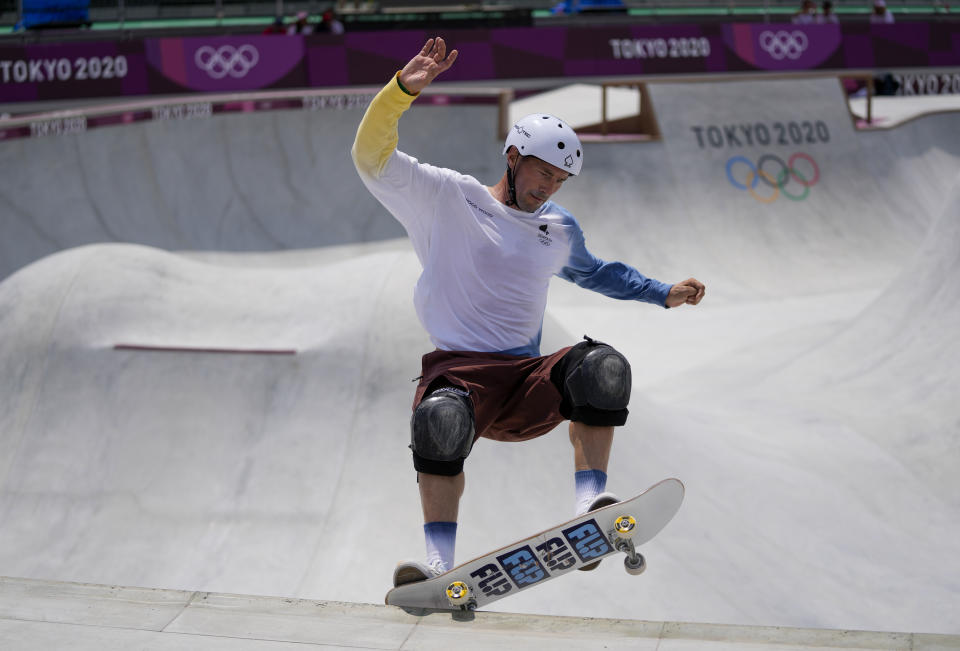 Rune Glifberg of Denmark takes part in a men's Park Skateboarding training session at the 2020 Summer Olympics, Saturday, July 31, 2021, in Tokyo, Japan. The age-range of competitors in skateboarding's Olympic debut at the Tokyo Games is remarkably broad and 46-year-old Rune Glifberg will go wheel-to-wheel with skaters less than half his age. (AP Photo/Ben Curtis)