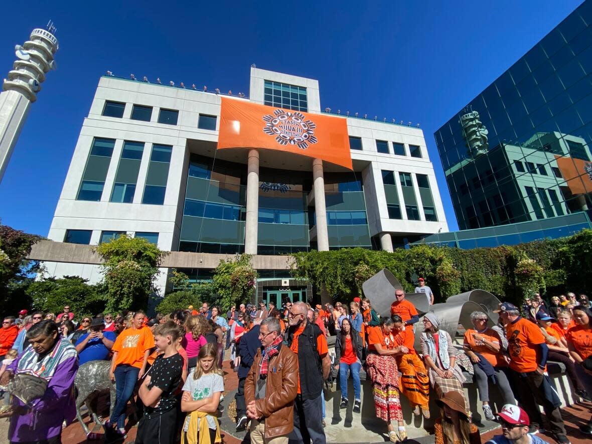 A prayer and smudging ceremony took place at the City Hall Plaza in Moncton today. The ceremony, led by Elder Gary Augustine, brought attendees of all ages.   (Aniekan Etuhube/CBC - image credit)