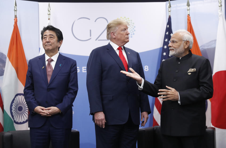 President Donald Trump meets with India’s Prime Minister Narendra Modi, right, and Japan’s Prime Minister Shinzo Abe, Friday, Nov. 30, 2018 in Buenos Aires, Argentina. (Photo: Pablo Martinez Monsivais/AP)
