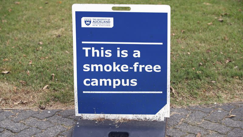A sign indicates that the University of Aukland campus is smoke-free in Auckland, New Zealand, on Dec. 9, 2021.