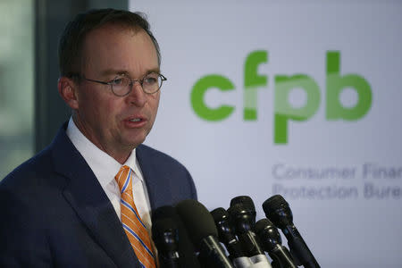 Office of Management and Budget (OMB) Director Mick Mulvaney speaks to the media at the U.S. Consumer Financial Protection Bureau (CFPB), where he began work earlier in the day after being named acting director by U.S. President Donald Trump in Washington November 27, 2017. REUTERS/Joshua Roberts