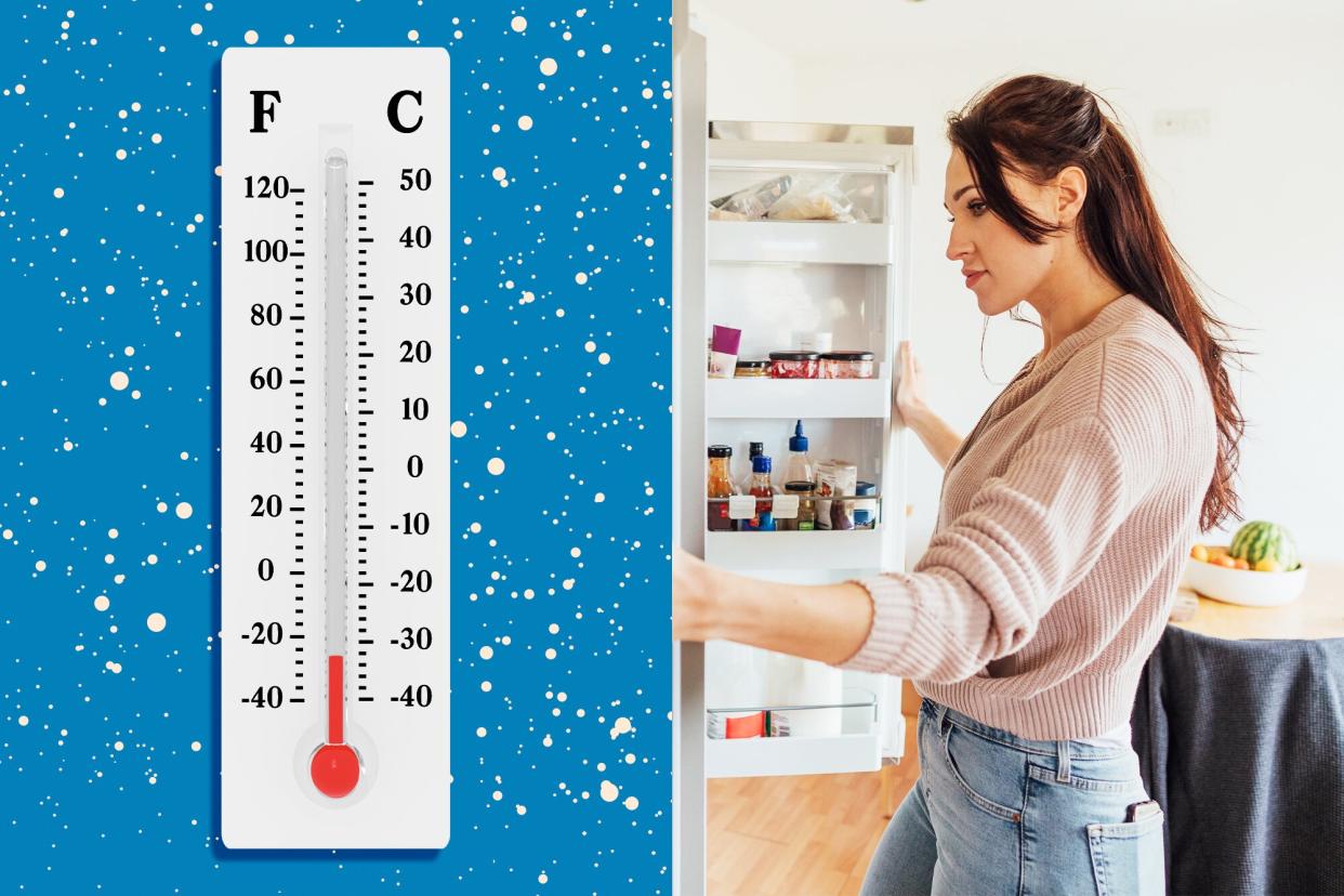 a thermometer below freezing next to a woman looking in a refrigerator