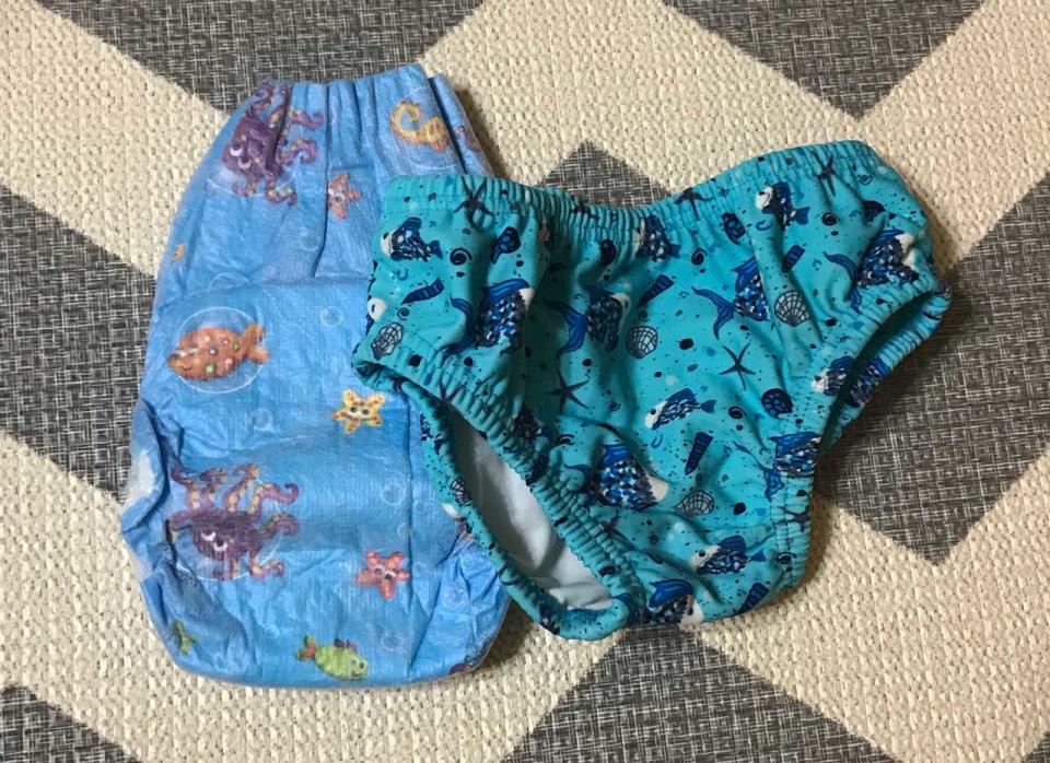 A disposable Huggies swim diaper and a reusable swim diaper from Kiddy Palace Photo: Mummy and Daddy Daycare