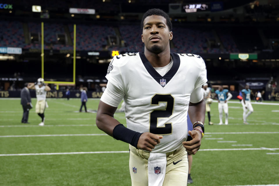 New Orleans Saints quarterback Jameis Winston (2) runs off the field after an NFL preseason football game against the Jacksonville Jaguars in New Orleans, Monday, Aug. 23, 2021. The Saints won 23-21. (AP Photo/Derick Hingle)