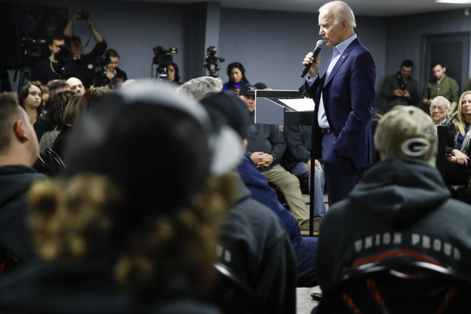 Democratic presidential candidate former Vice President Joe Biden speaks during a campaign event with the International Association of Bridge, Structural, and Ornamental Iron Workers, Sunday, Jan. 26, 2020, in Des Moines, Iowa. (AP Photo/Matt Rourke)