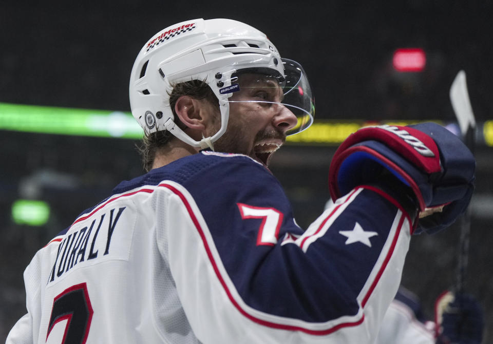 Columbus Blue Jackets' Sean Kuraly celebrates his goal against the Vancouver Canucks during the second period of an NHL hockey game Saturday, Jan. 27, 2024, in Vancouver, British Columbia.(Darryl Dyck/The Canadian Press via AP)