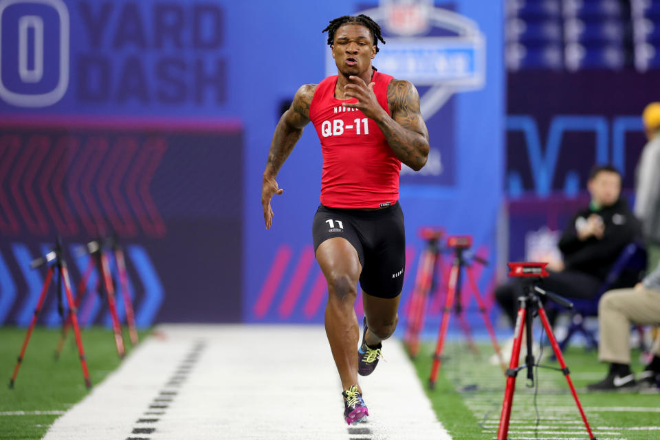 Florida quarterback Anthony Richardson raised a lot of eyebrows at the NFL combine with his 4.43-second time in the 40-yard dash at Lucas Oil Stadium on March 04, 2023 in Indianapolis, Indiana. (Photo by Stacy Revere/Getty Images)