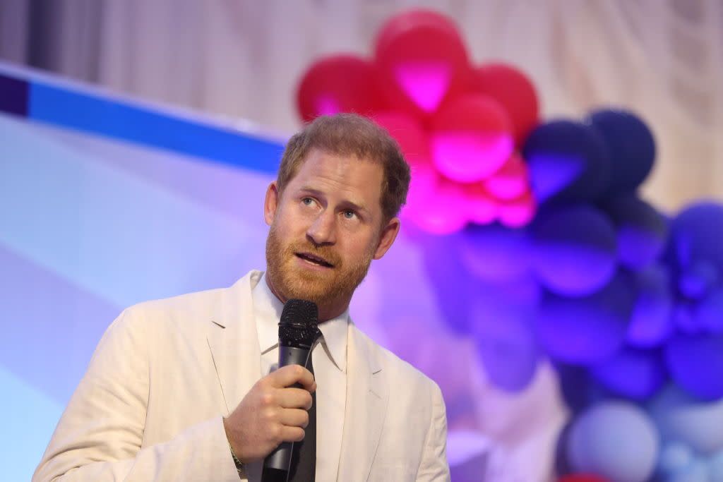 britains prince harry, duke of sussex, gives a speech as he attends a sit out with britains meghan unseen, duchess of sussex, at the nigerian defence headquarters in abuja on may 11, 2024 as they visit nigeria as part of celebrations of invictus games anniversary photo by kola sulaimon afp photo by kola sulaimonafp via getty images