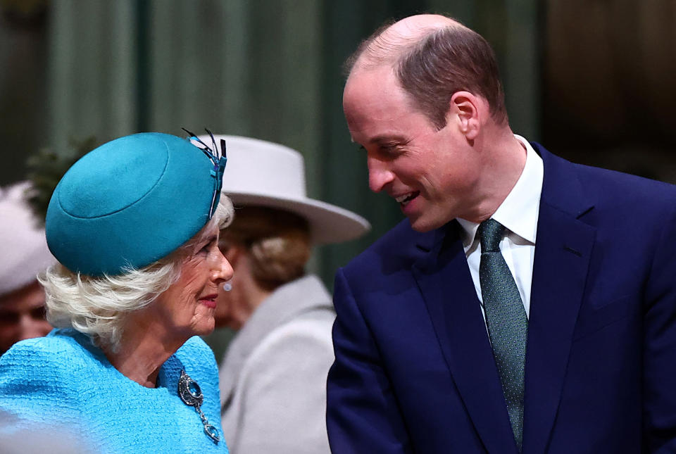 LONDON, ENGLAND - MARCH 11: (EDITOR'S NOTE: Alternative crop of image #2068281488) Britain's Queen Camilla (L) and Britain's Prince William, Prince of Wales speak as they attend the 2024 Commonwealth Day Service at Westminster Abbey on March 11, 2024 in London, England. (Photo by Henry Nicholls - WPA Pool/Getty Images)