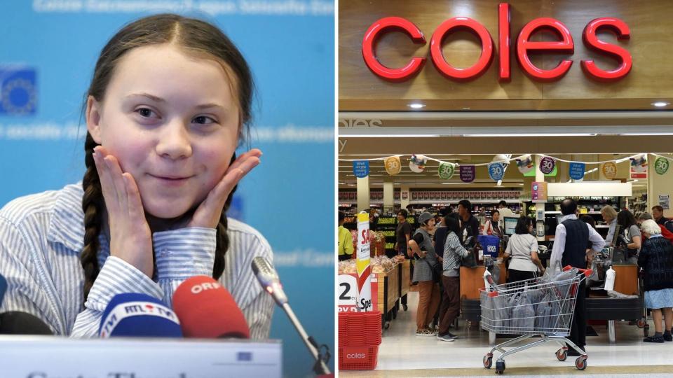 Swedish climate activist Greta Thunberg on the left and a Coles supermarket shopfront on the right.