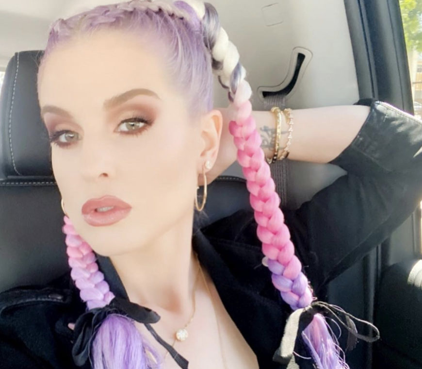 Kelly Osbourne wearing pink and purple braided hair and a black top