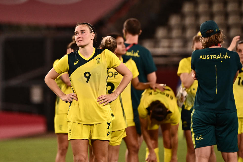 Matildas forward Caitlin Foord reacts after losing the bronze medal match against the United States.